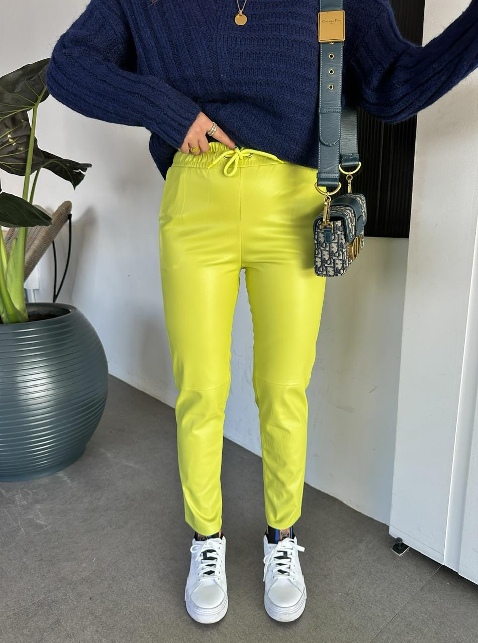 Fıstık Yeşili Beli Lastikli Basic Deri Pantolon