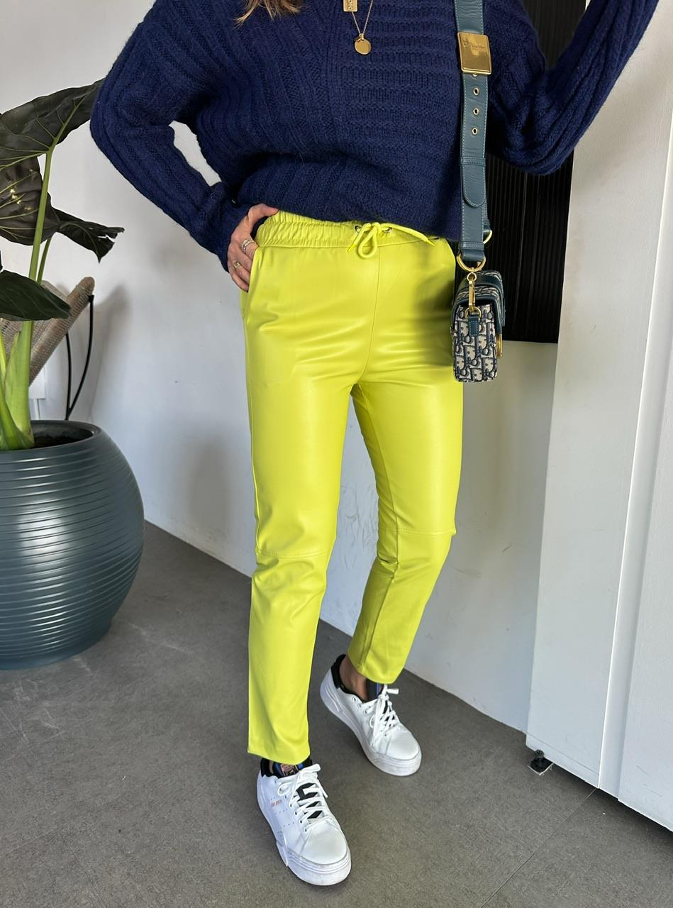 Fıstık Yeşili Beli Lastikli Basic Deri Pantolon