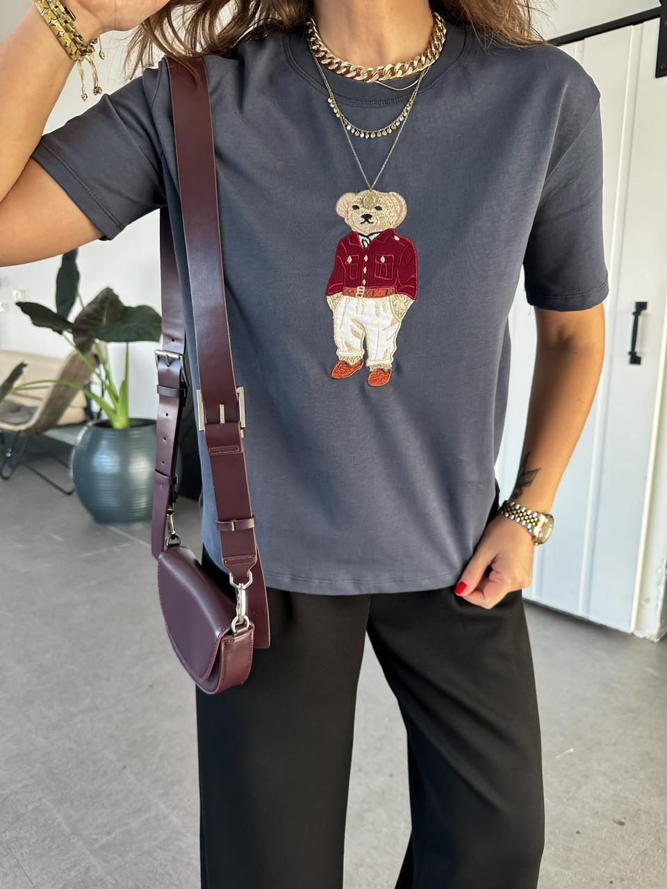 Füme Ayıcık Figürlü Cotton Tshirt