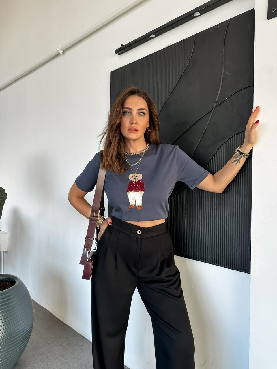Füme Ayıcık Figürlü Cotton Tshirt