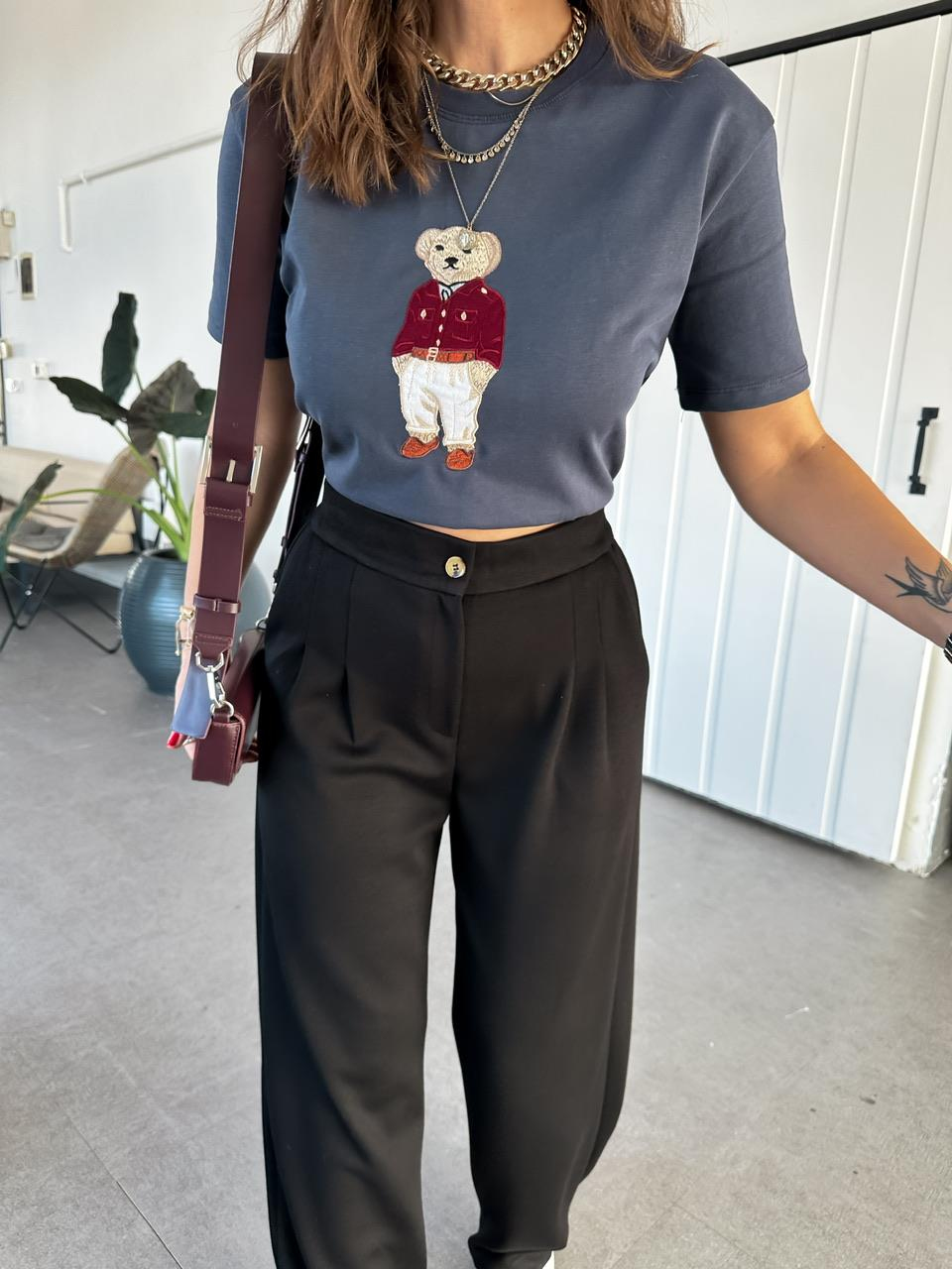 Füme Ayıcık Figürlü Cotton Tshirt