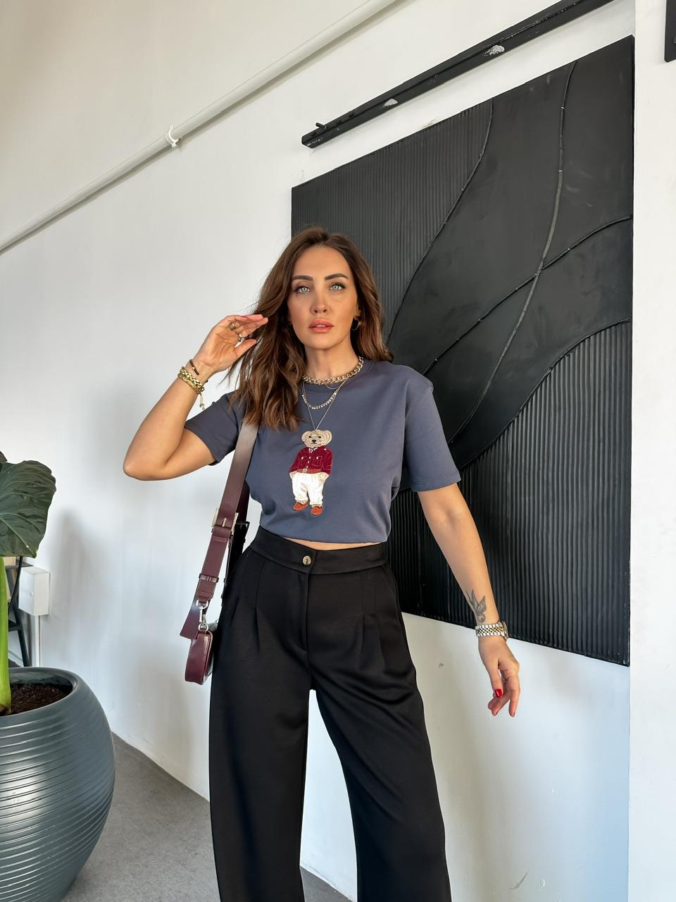 Füme Ayıcık Figürlü Cotton Tshirt