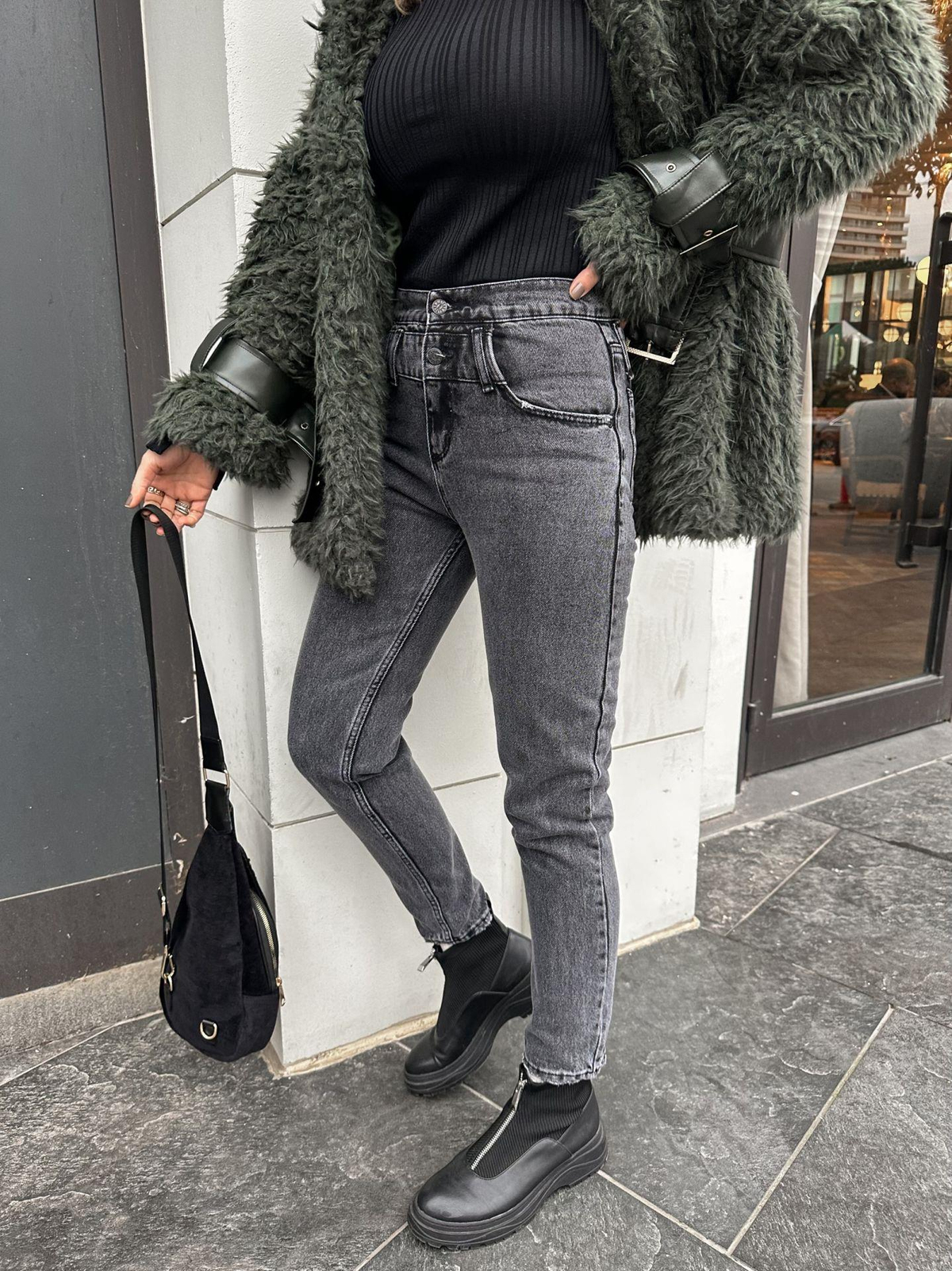 Füme Bel Detaylı Dar Paça Jean