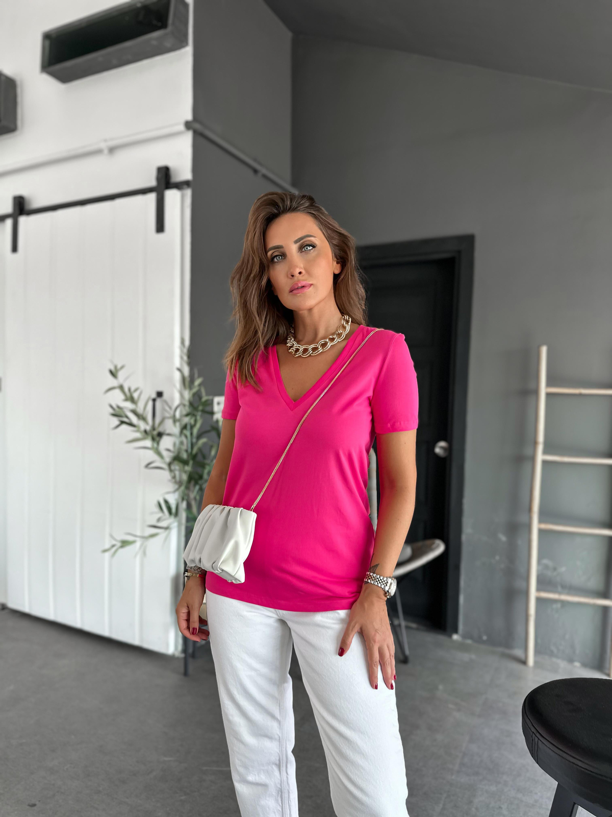 Fuşya V Yaka Pamuklu Tshirt