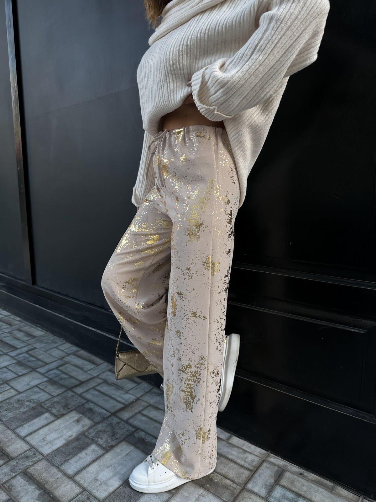 Gold Desenli Parlak Bol Pantolon