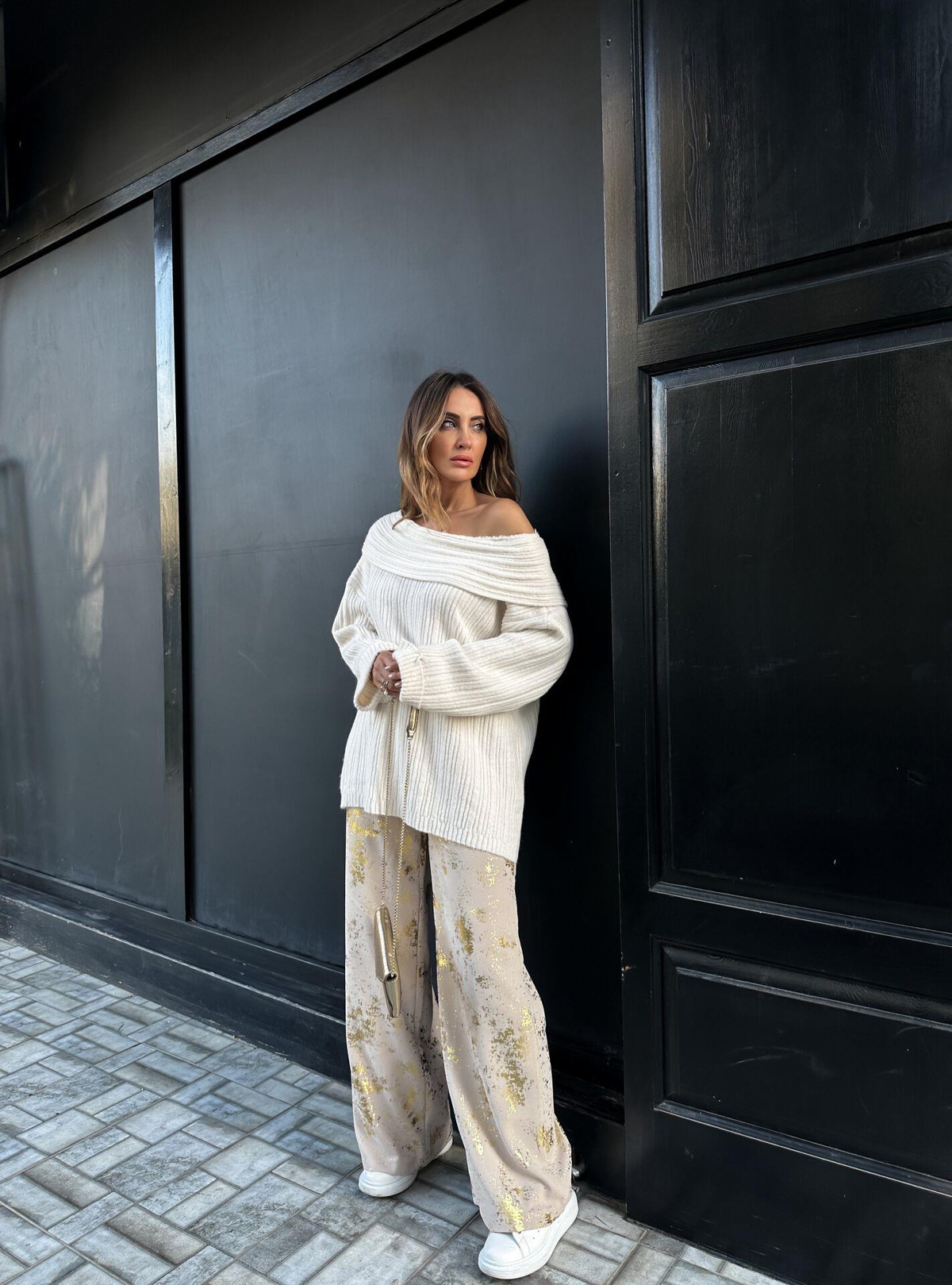 Gold Desenli Parlak Bol Pantolon