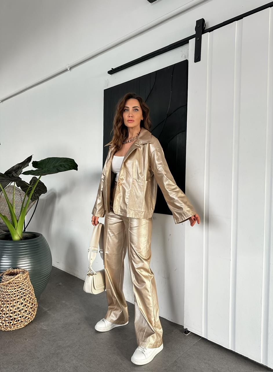 Gold Metalik Pantolon Ceket Takım