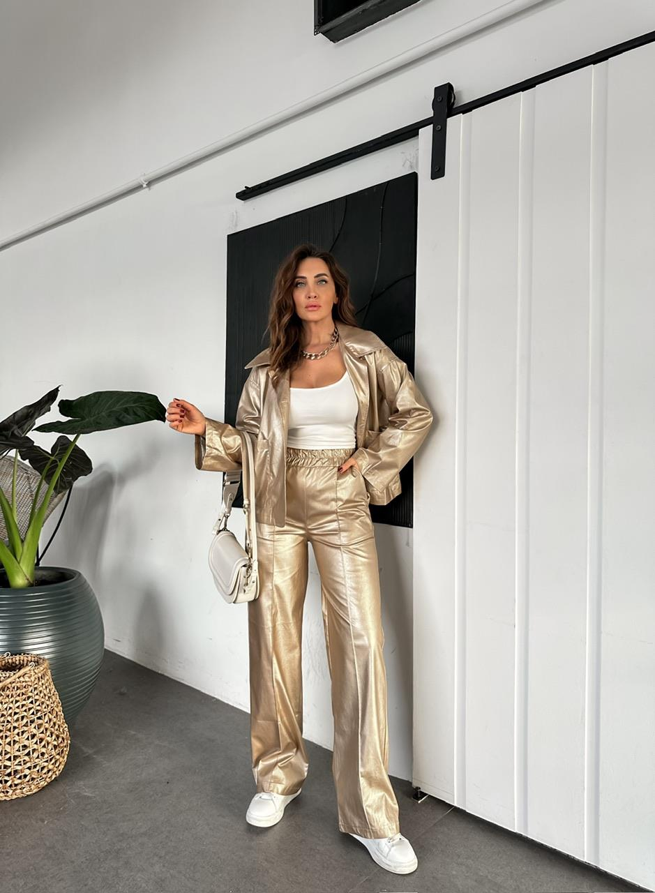 Gold Metalik Pantolon Ceket Takım