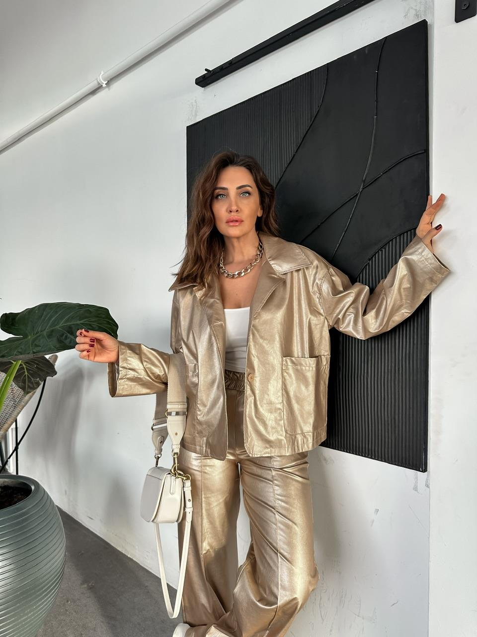 Gold Metalik Pantolon Ceket Takım