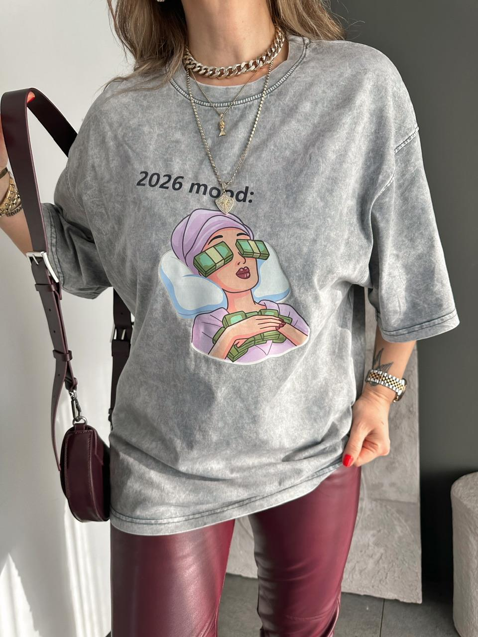Gri 2026 Mood Yıkamalı Tshirt