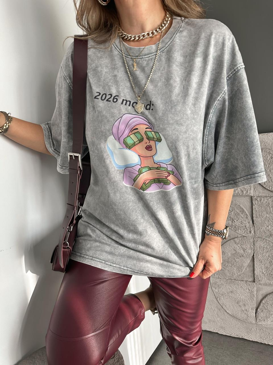 Gri 2026 Mood Yıkamalı Tshirt