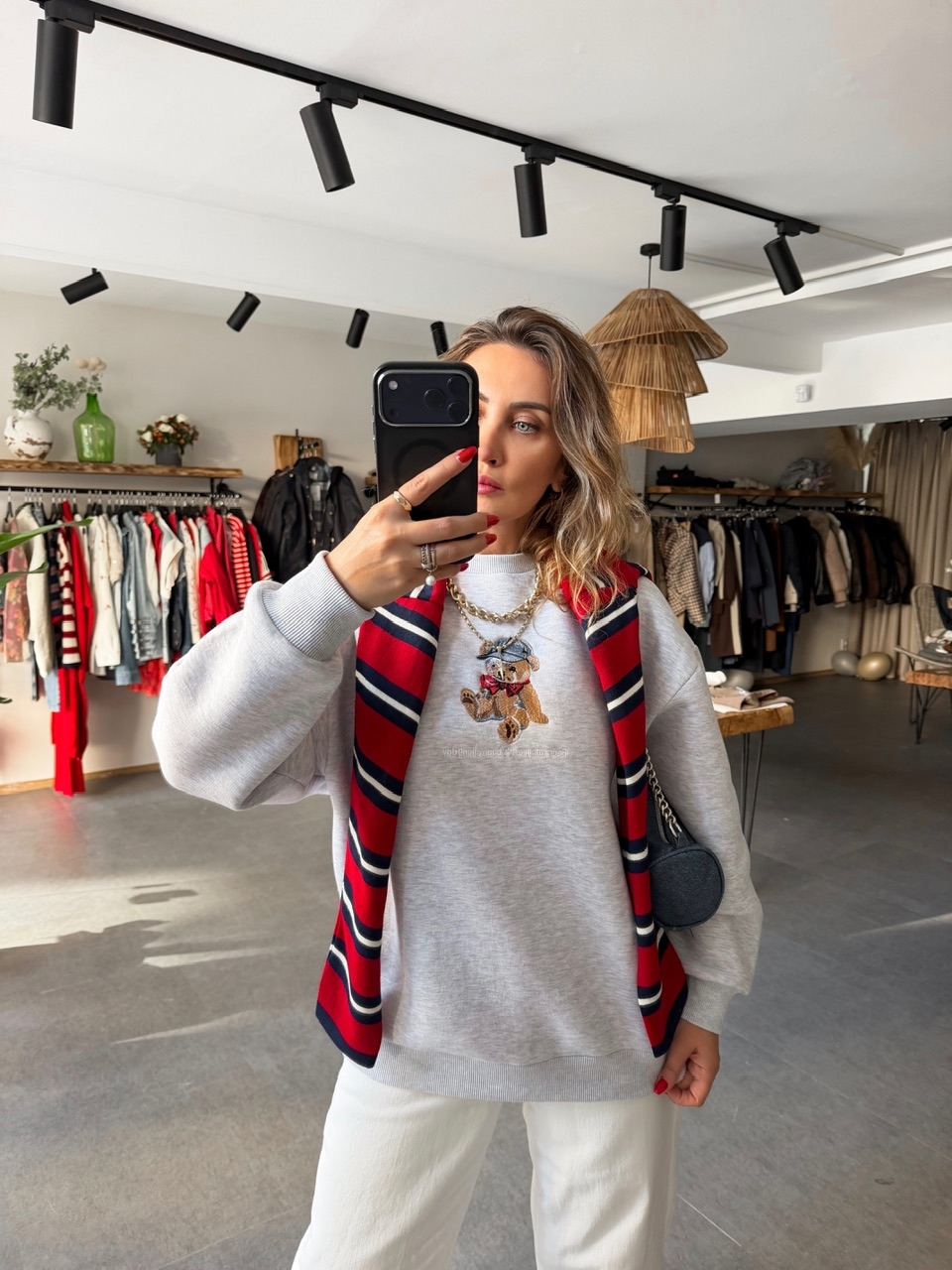 Gri Ayıcık Figürlü Orijinal Sweatshirt