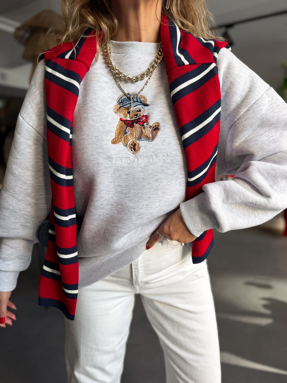 Gri Ayıcık Figürlü Orijinal Sweatshirt