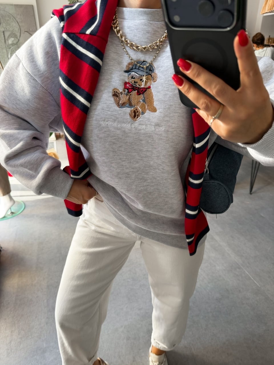 Gri Ayıcık Figürlü Orijinal Sweatshirt