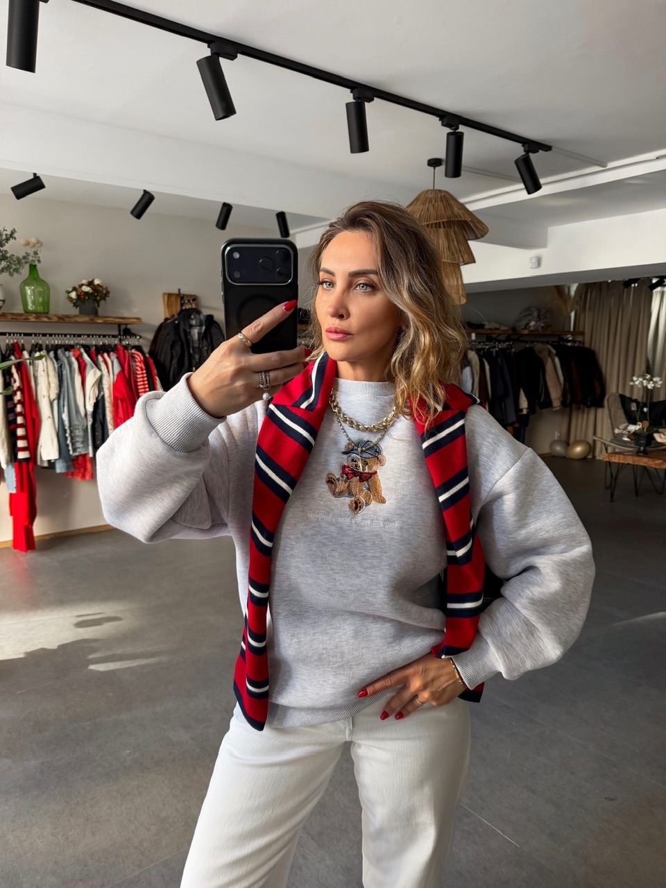Gri Ayıcık Figürlü Orijinal Sweatshirt