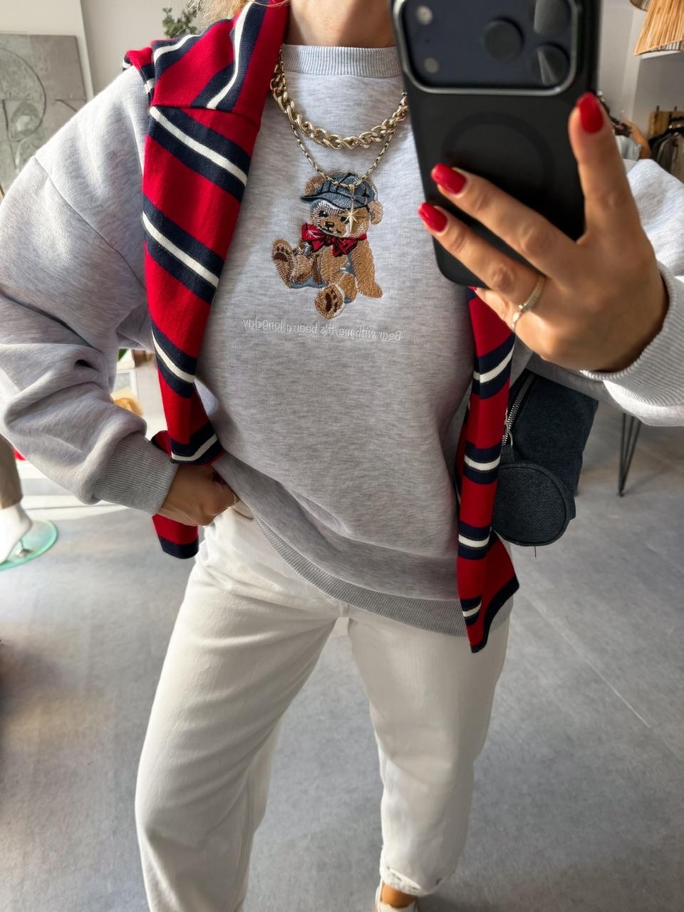 Gri Ayıcık Figürlü Orijinal Sweatshirt