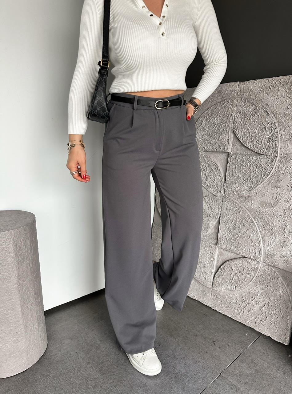 Gri Beli Lastikli Kemerli Bol Pantolon