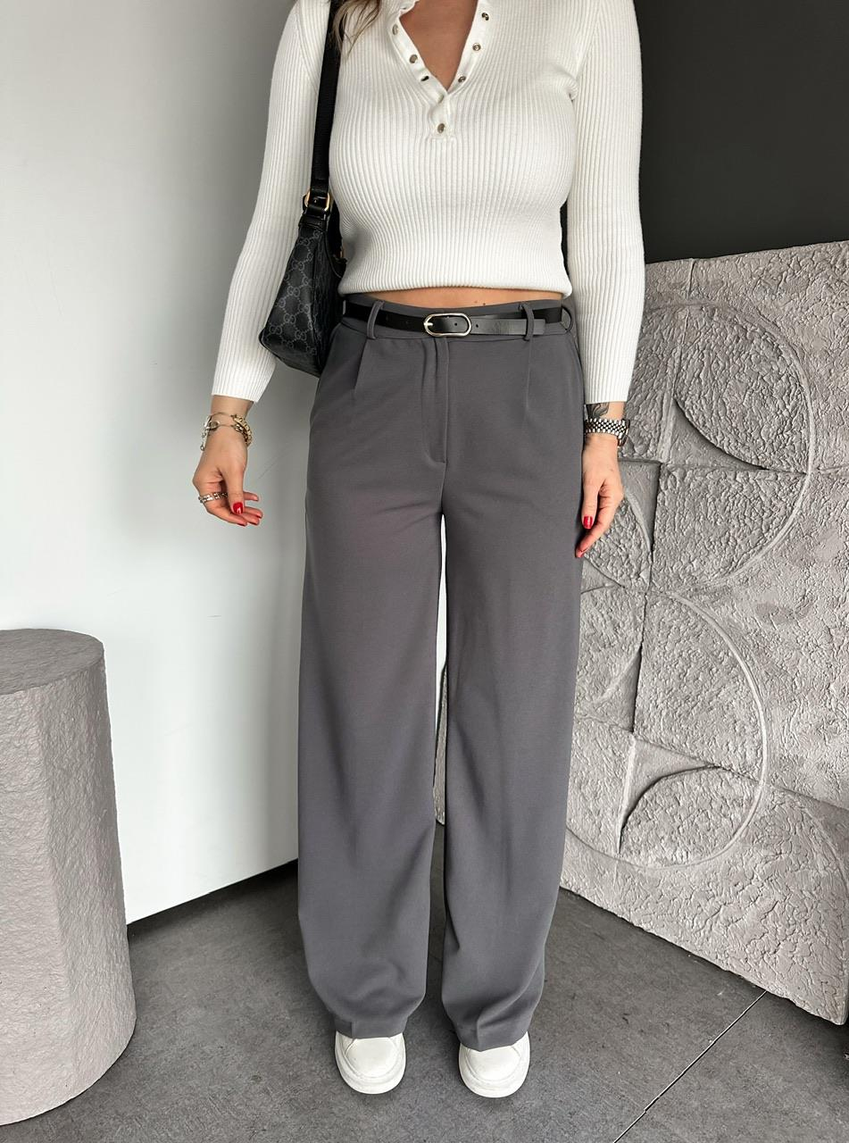 Gri Beli Lastikli Kemerli Bol Pantolon
