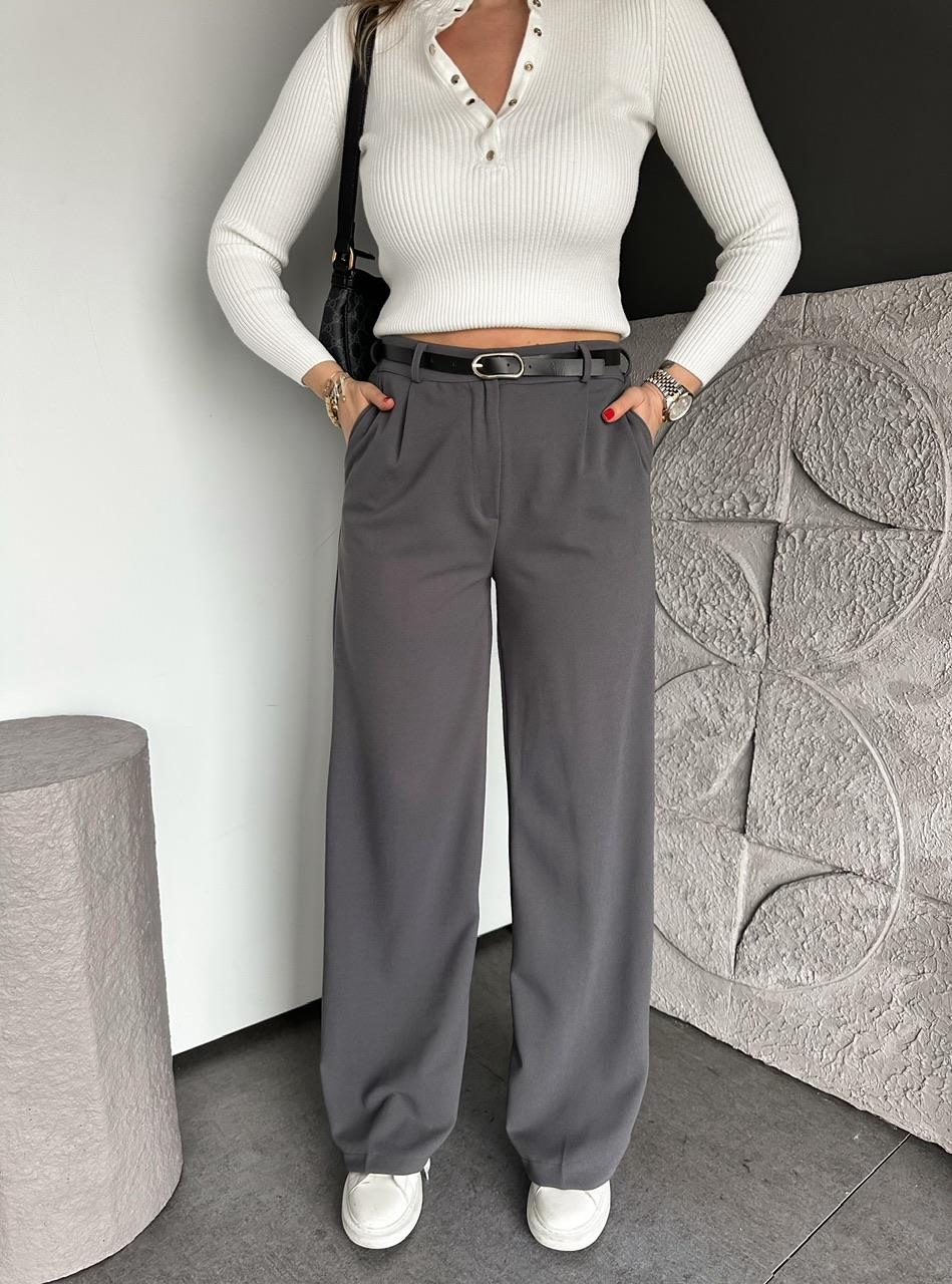 Gri Beli Lastikli Kemerli Bol Pantolon