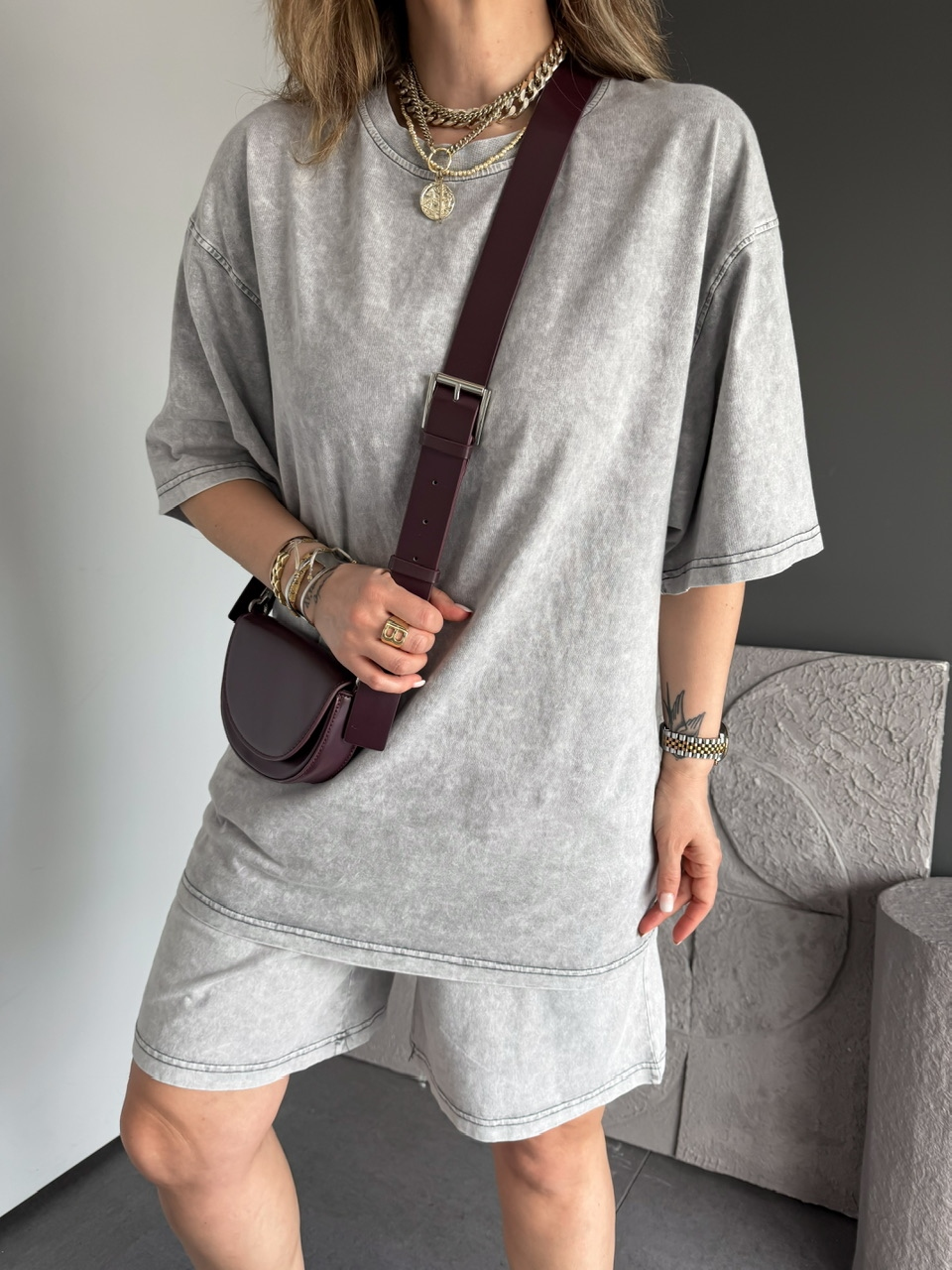 Gri Bermuda Şortlu Yıkamalı Takım