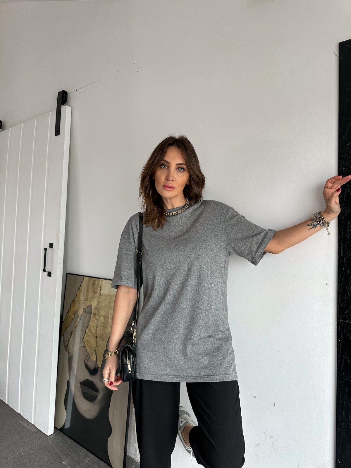 Gri Bisiklet Yaka Cotton Tshirt