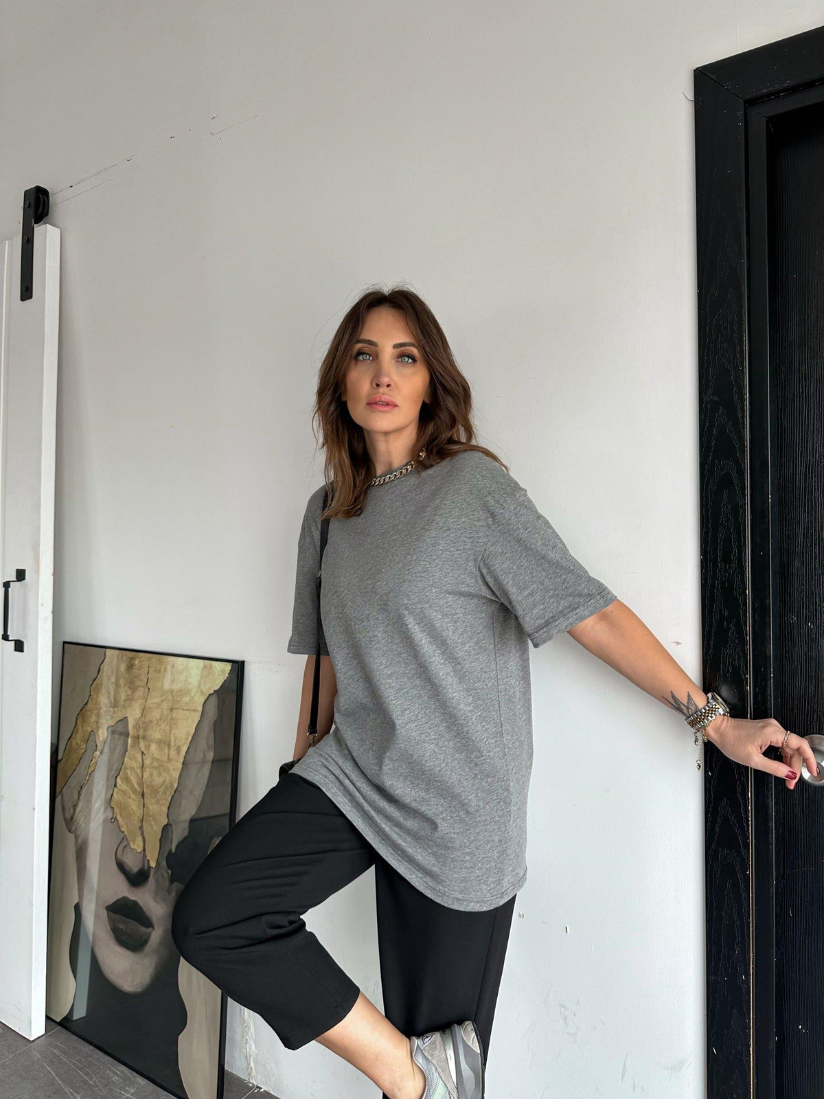 Gri Bisiklet Yaka Cotton Tshirt