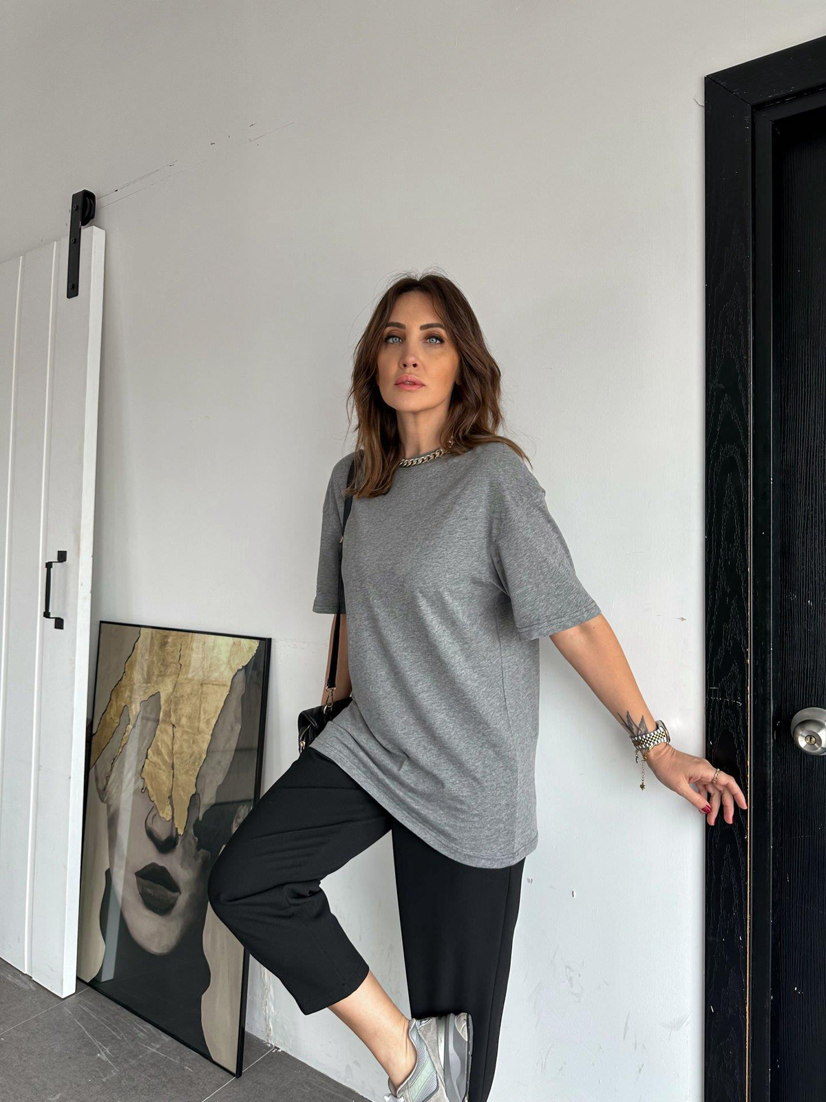 Gri Bisiklet Yaka Cotton Tshirt