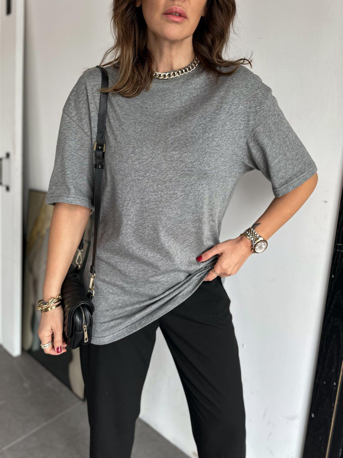 Gri Bisiklet Yaka Cotton Tshirt