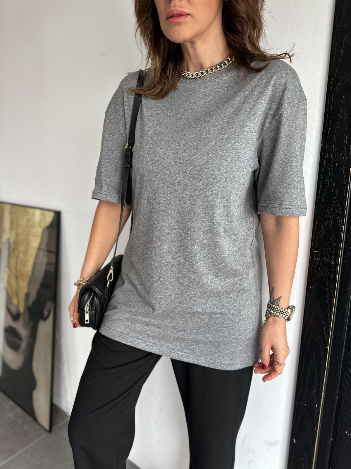 Gri Bisiklet Yaka Cotton Tshirt