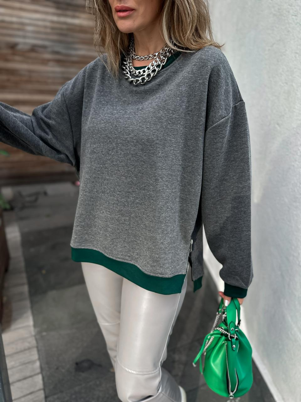 Gri Blok Renkli Fermuarlı Sweatshirt