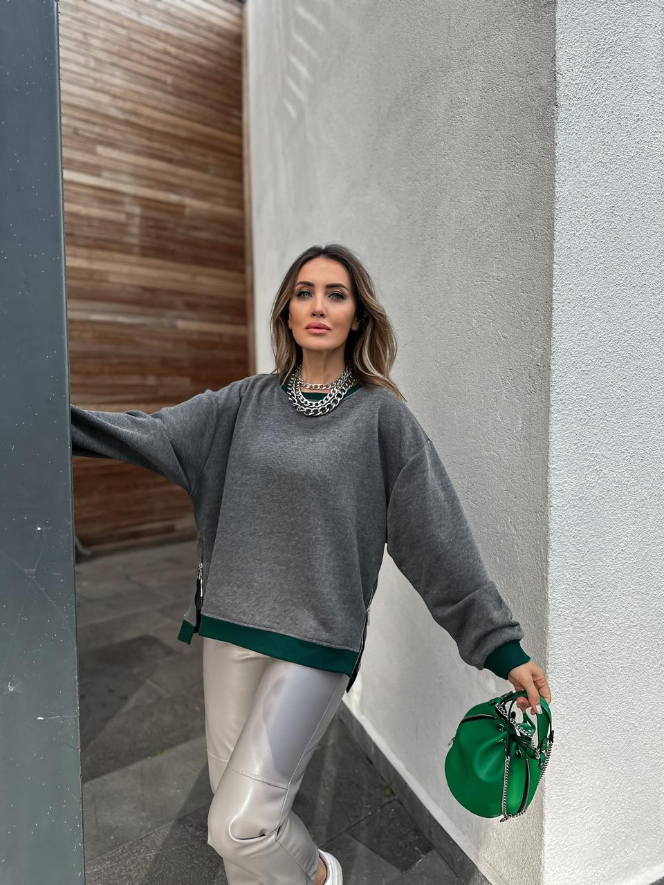 Gri Blok Renkli Fermuarlı Sweatshirt