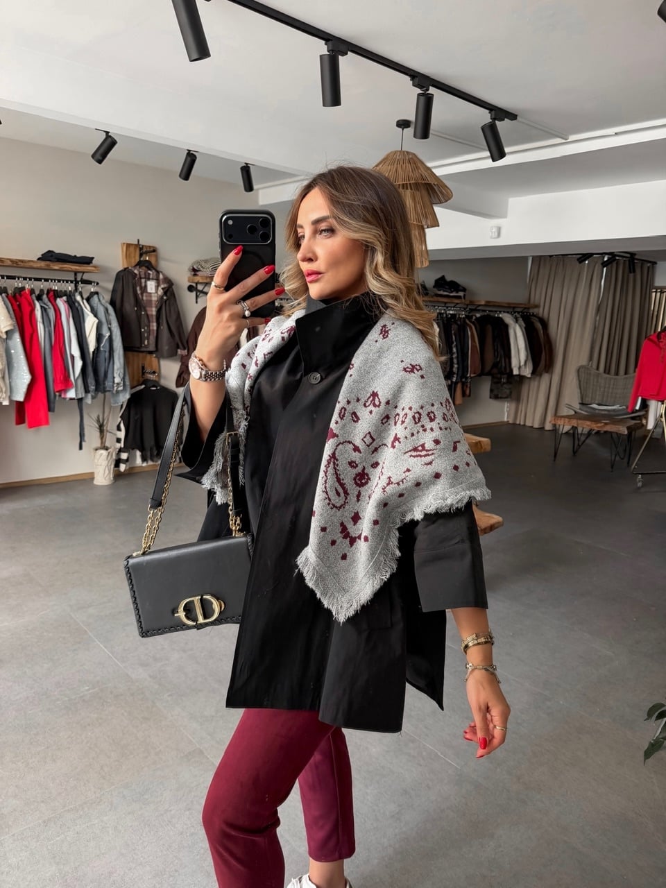 Gri Bordo Şal Desenli Atkı