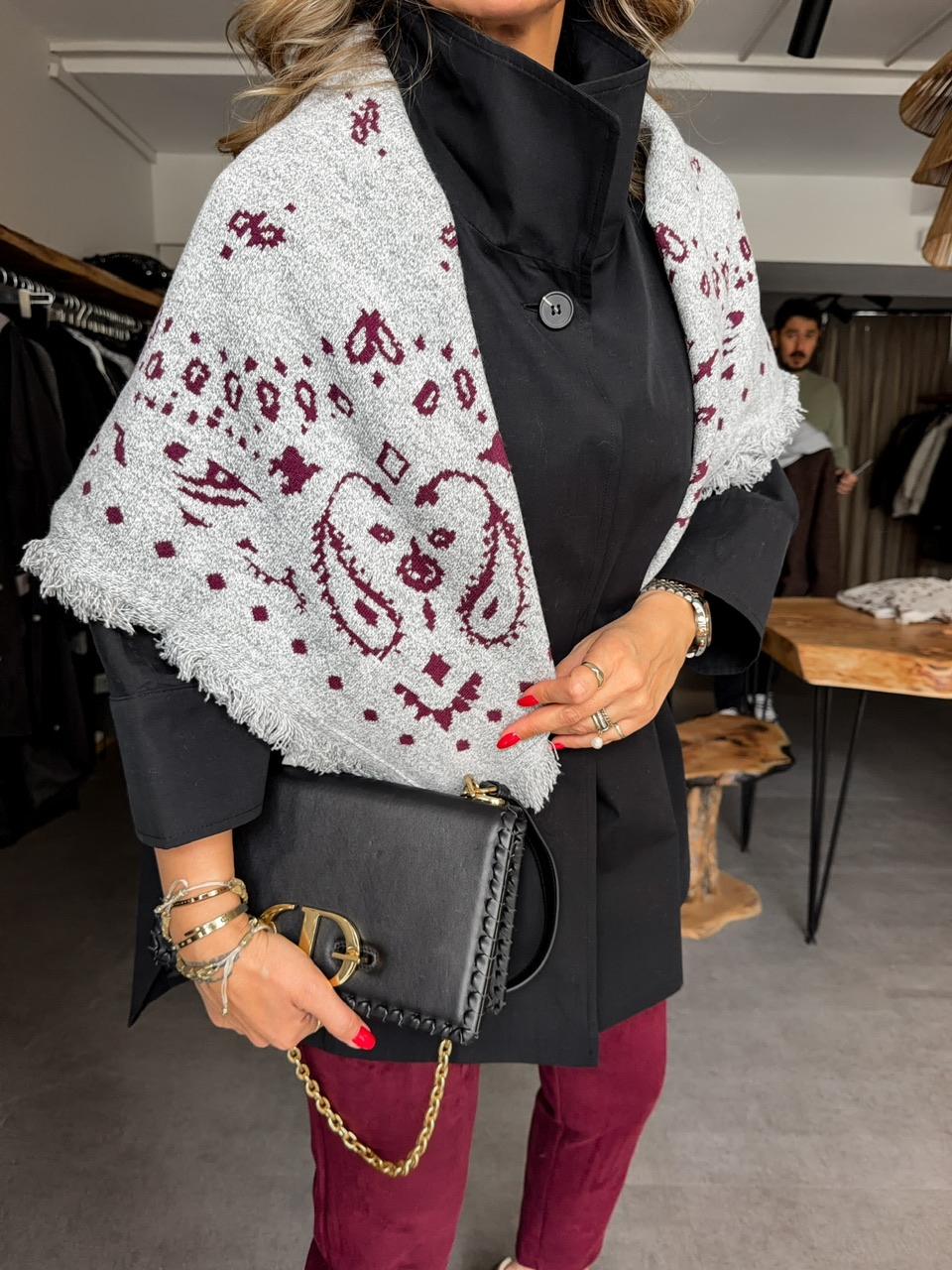 Gri Bordo Şal Desenli Atkı