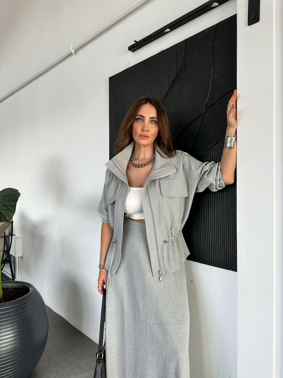 Gri Büzülebilir Ceket Etek Takım