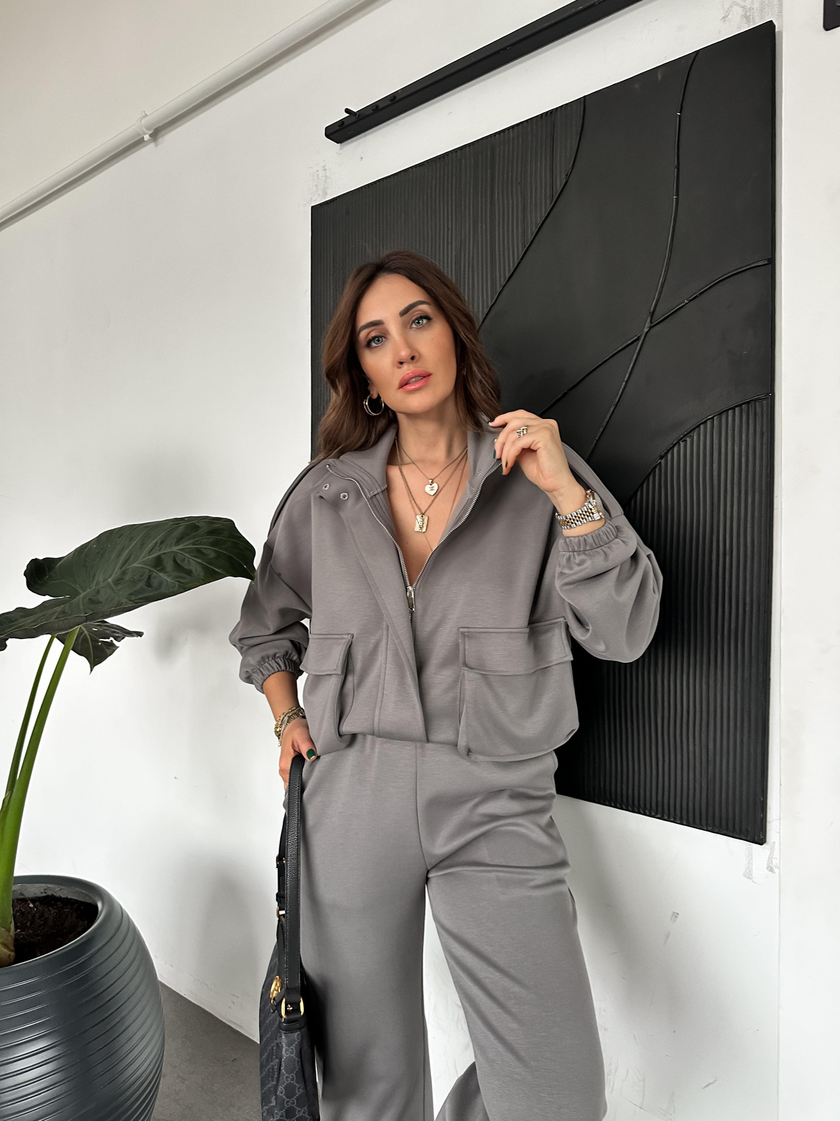 Gri Cepli Beli Büzgülü Modal Takım