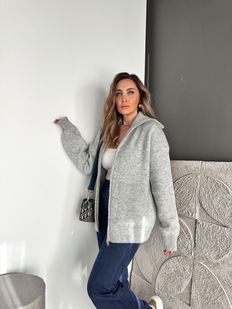 Gri Cepli Çift Fermuarlı Hırka