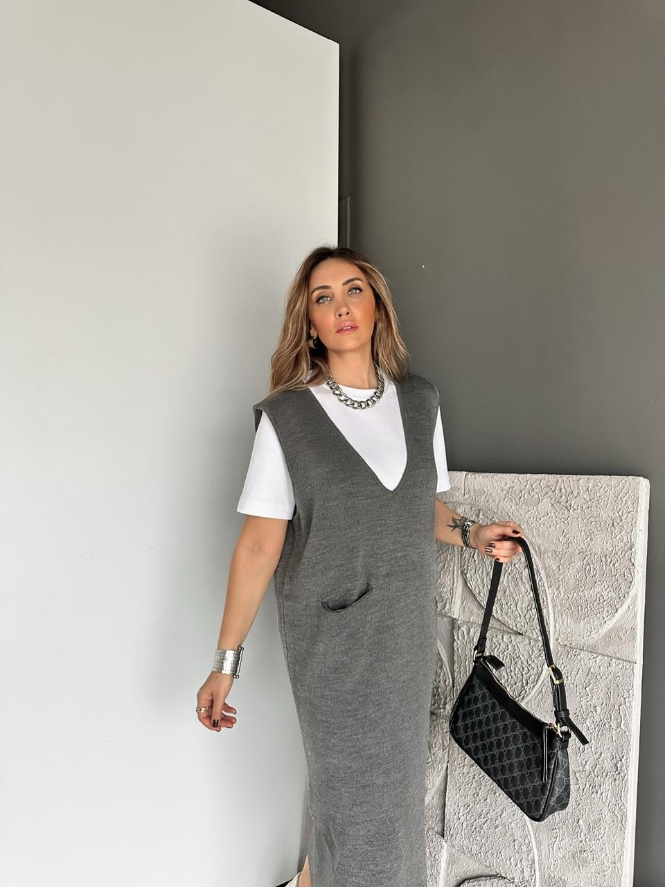 Gri Cepli Marka Model Triko Elbise