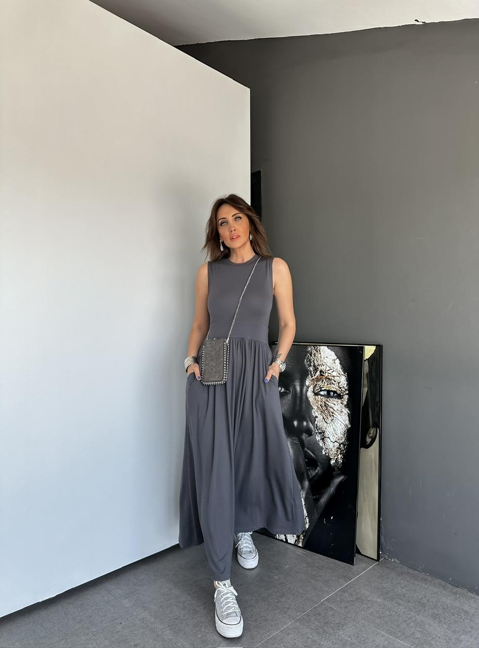 Gri Cepli Modal Maxi Elbise