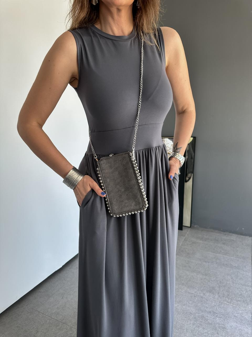 Gri Cepli Modal Maxi Elbise