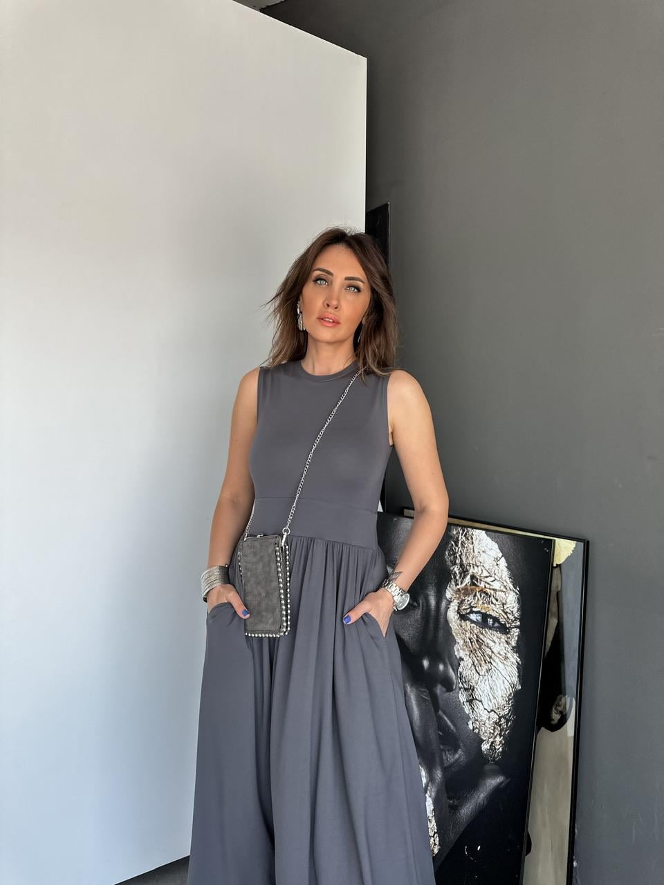 Gri Cepli Modal Maxi Elbise