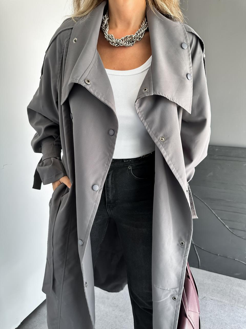 Gri Çıtçıtlı Manşetli Oversize Trençkot