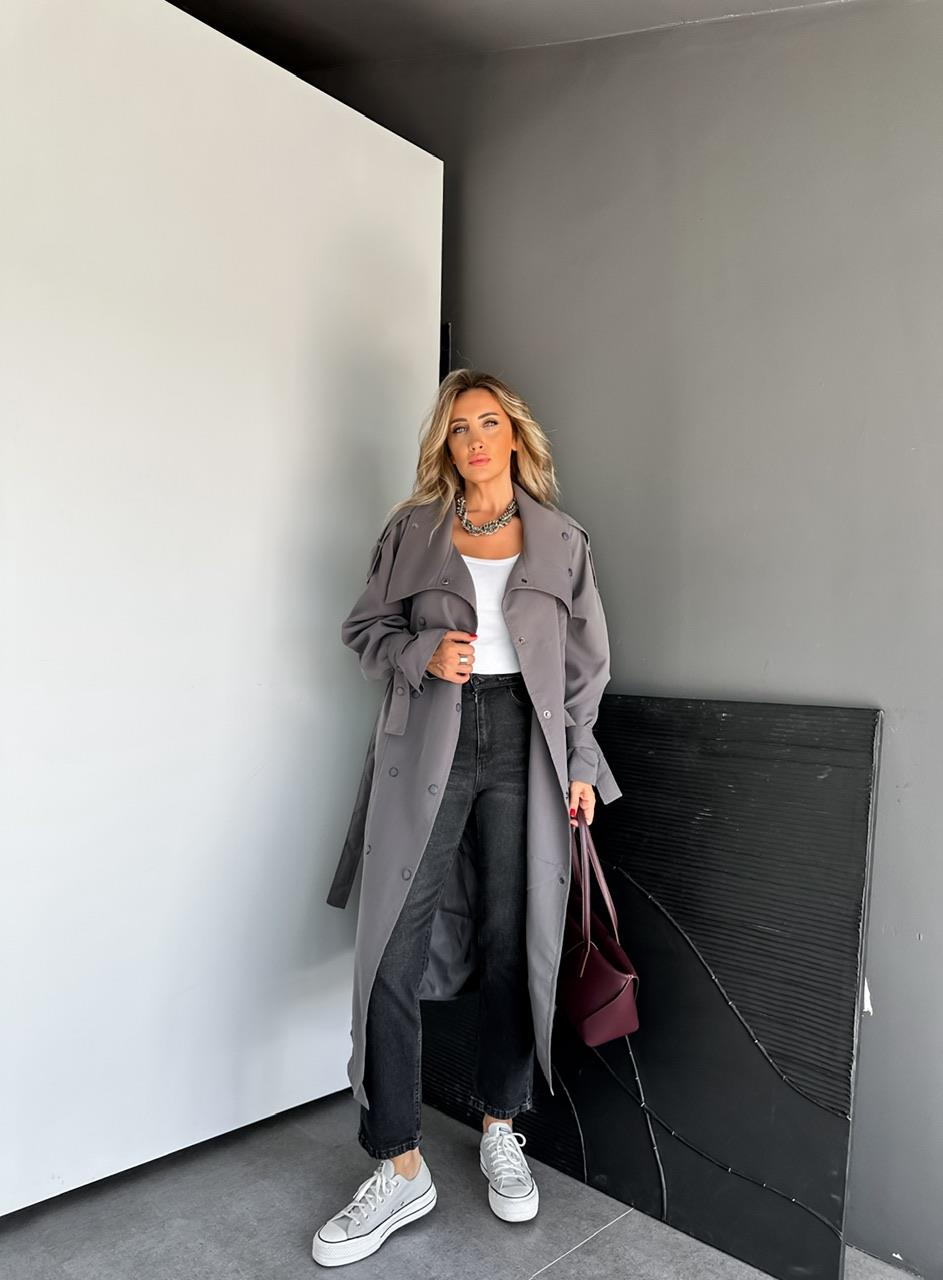 Gri Çıtçıtlı Manşetli Oversize Trençkot