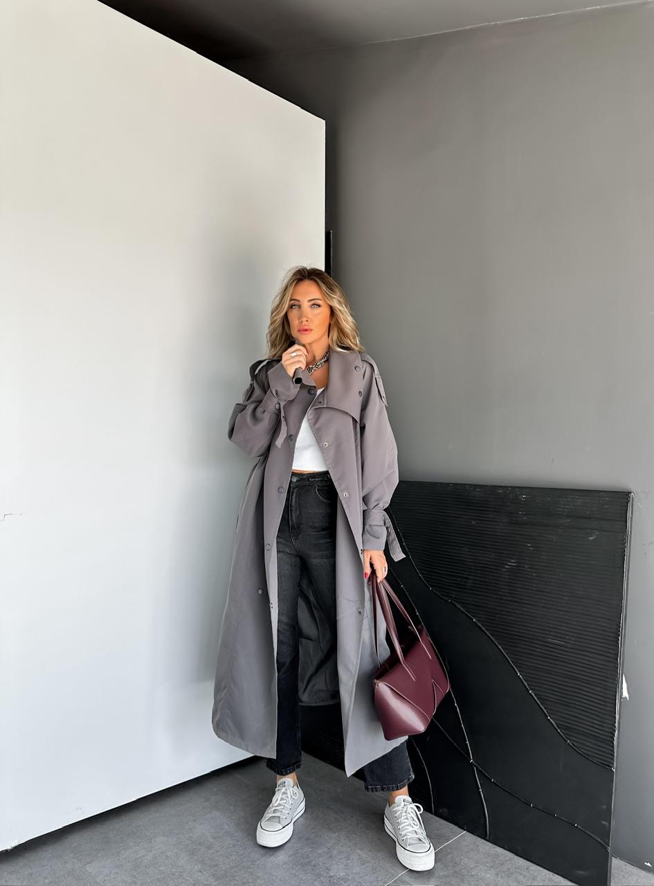 Gri Çıtçıtlı Manşetli Oversize Trençkot