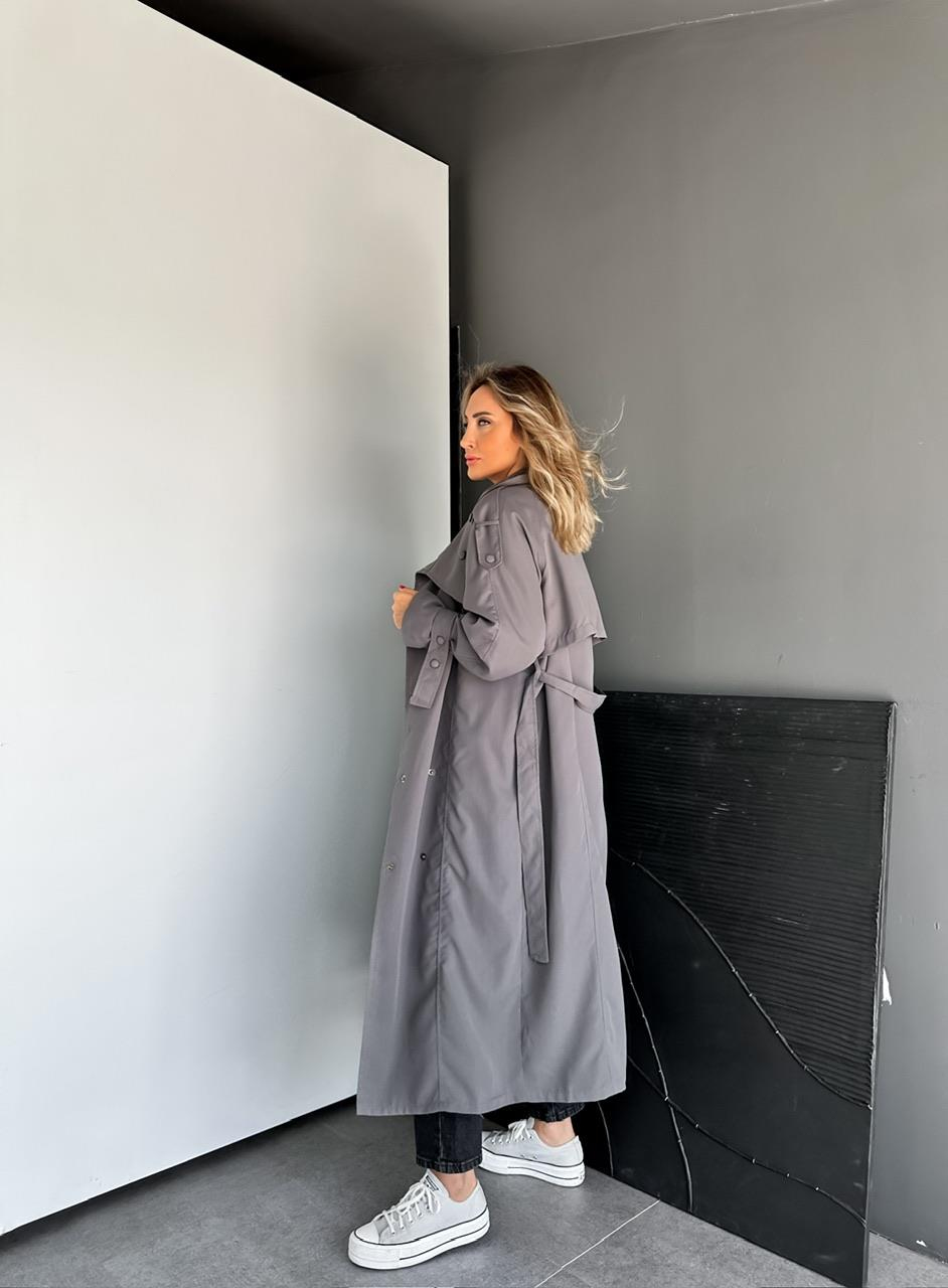Gri Çıtçıtlı Manşetli Oversize Trençkot