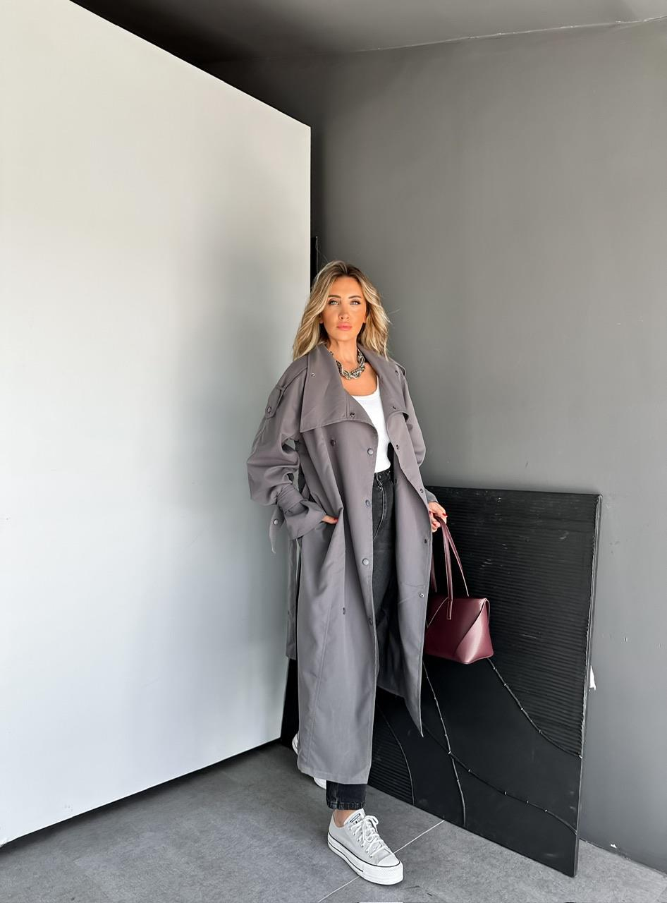 Gri Çıtçıtlı Manşetli Oversize Trençkot