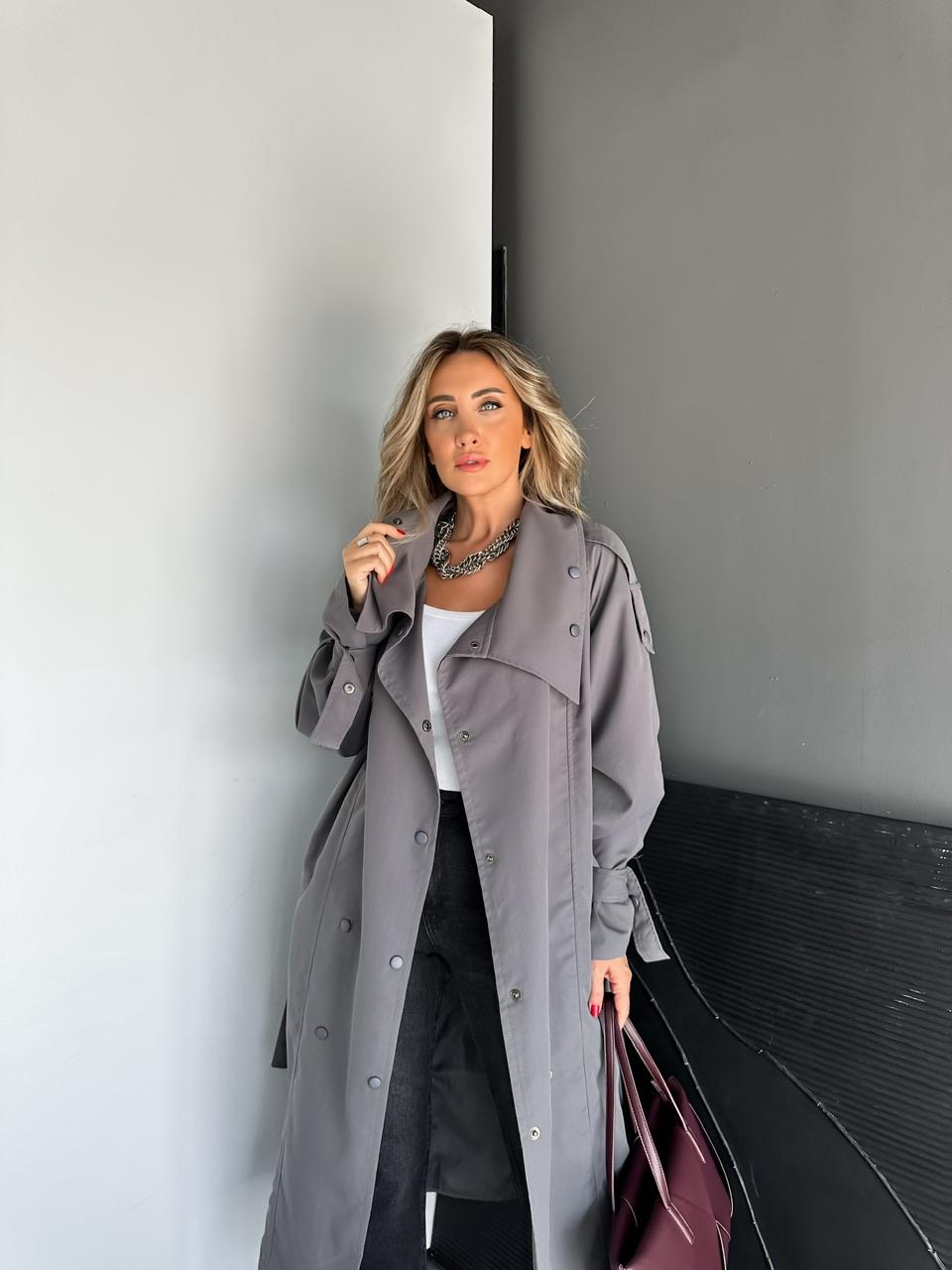 Gri Çıtçıtlı Manşetli Oversize Trençkot