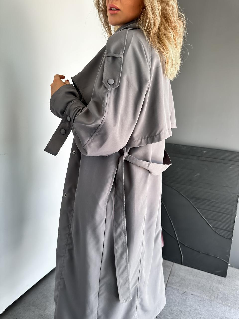 Gri Çıtçıtlı Manşetli Oversize Trençkot