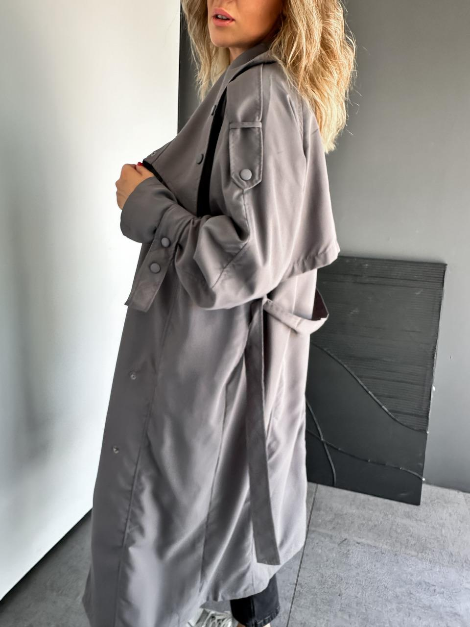 Gri Çıtçıtlı Manşetli Oversize Trençkot