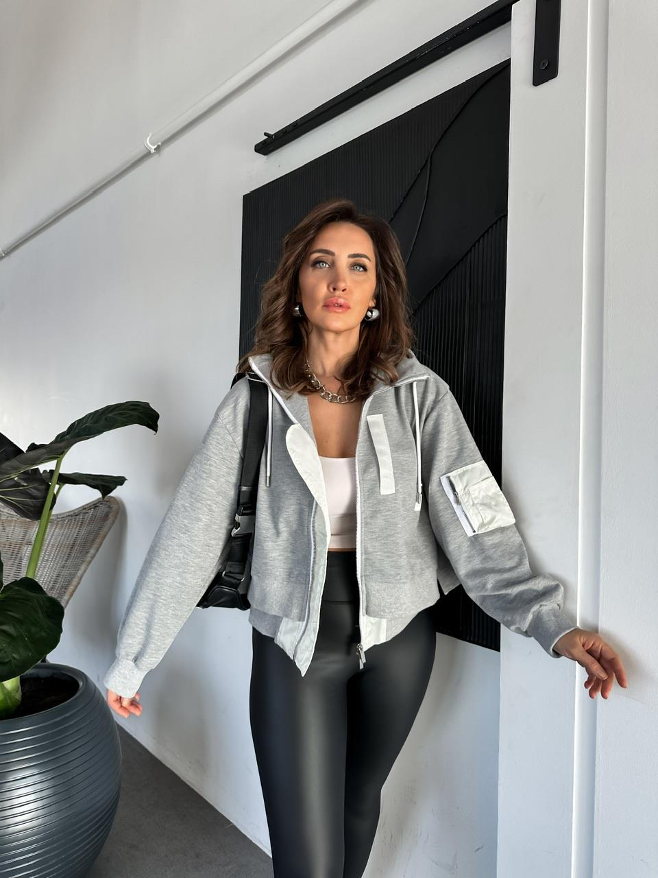 Gri Çitf Katlı Fermuarlı Tasarım Sweatshirt