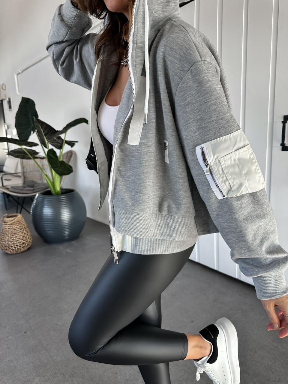 Gri Çitf Katlı Fermuarlı Tasarım Sweatshirt